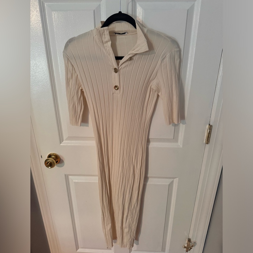 Zara Cream Ribbed Polo Collar Dress